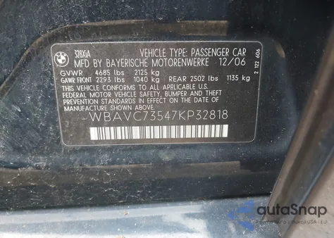 2007 BMW 328Xi from USA, damaged, VIN WBAVC73547KP32818